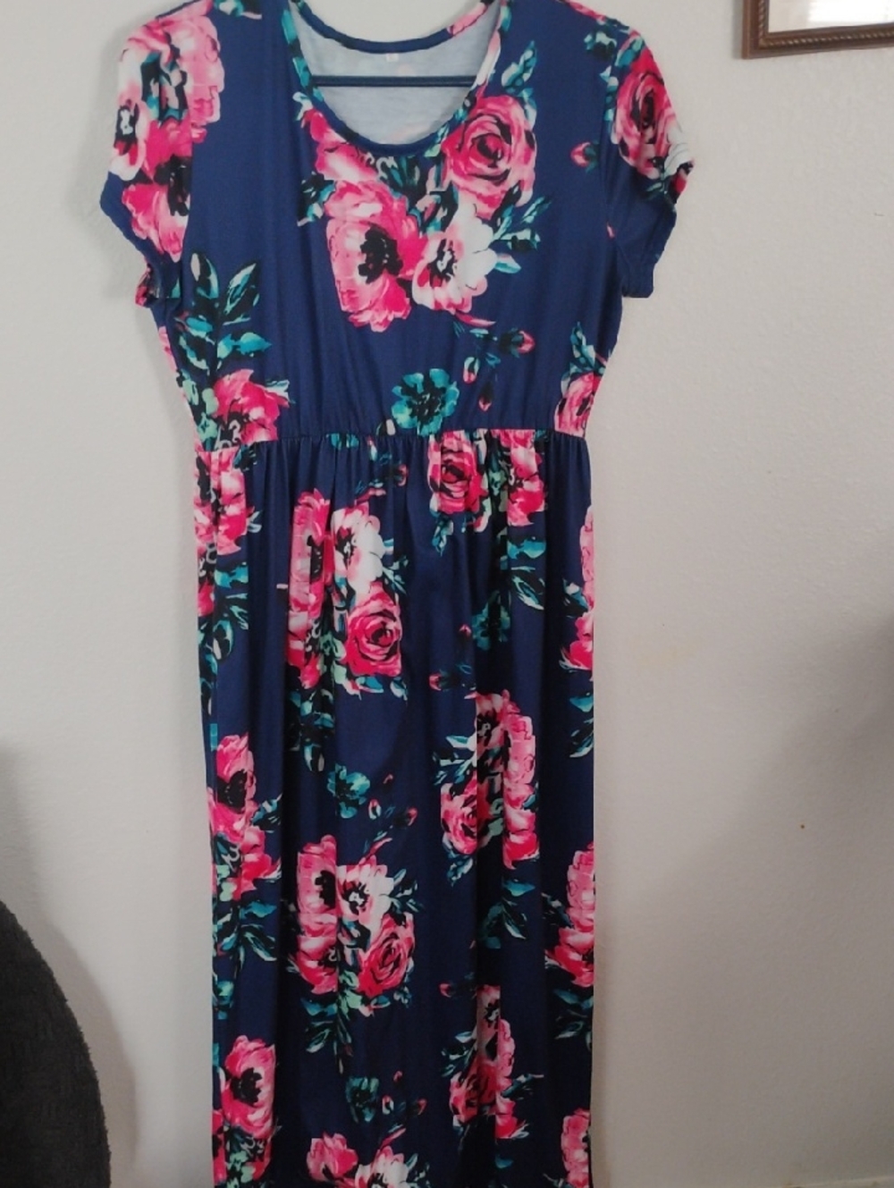 Navy Floral Maxi Dress with Pink Roses
